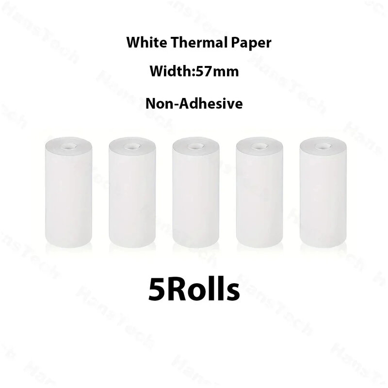 Mini impressora imprimível branca Rolls de papel, etiqueta térmica, calor-sensível, 57x25mm, 5 Rolls