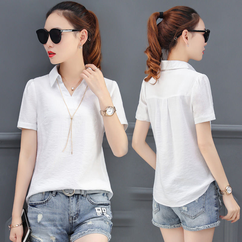Summer Short Sleeve All-match Office Shirt Tops Basic Solid Simplicity Polo Neck Office T Shirts Casual Fashion Women Clothing