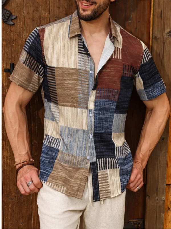 Camisa masculina com padrão retro estampado em 3D, manga curta, solta, adequada para praia casual, havaiana, moda, XS-5XL, 2024
