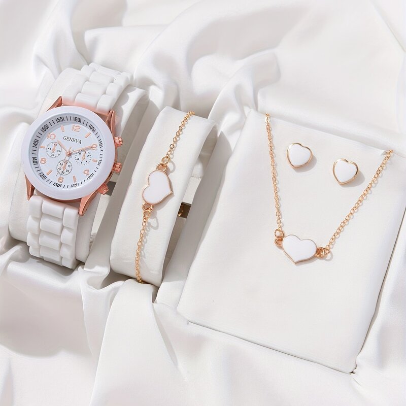 女性のためのラインストーン腕時計セット,イヤリング,ネックレス,カジュアルな女性の時計,ファッショナブル,豪華,5個