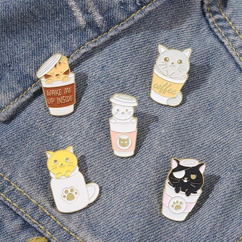 Coffee Cup Brooch Cat Brooch Coffee Brooch Coffee Shop Waiter Brooch Alloy Enamel Kitten Accessories Brooch Badge Lapel Pin