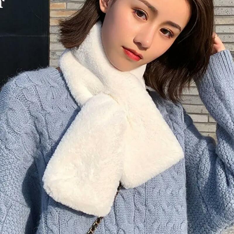 Women Winter Faux Rabbit Fur Cross Collar Neck Wrap Solid Color Warm Scarf Plush Elegant Shawl Scarf Clothes Accessories