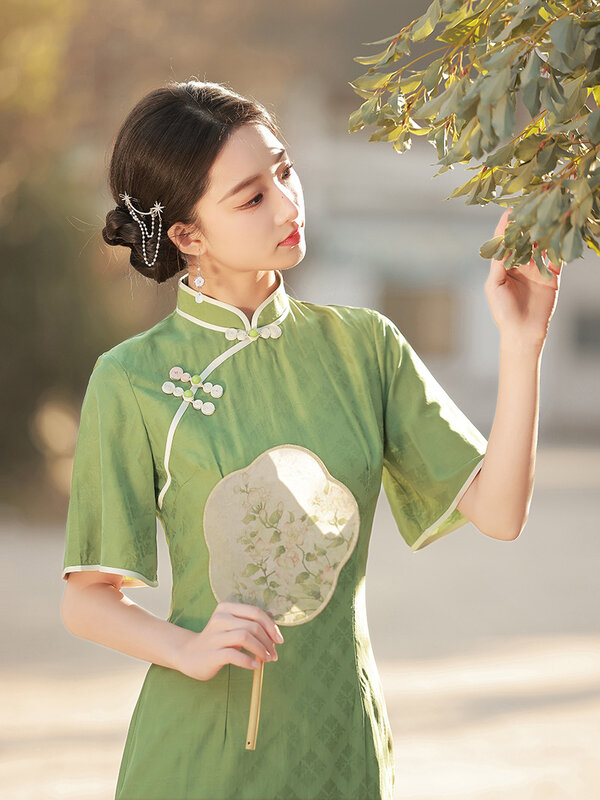 FZSLCYIYI зеленое сексуальное жаккардовое атласное элегантное китайское платье-Ципао с коротким рукавом Ретро повседневное вечернее платье