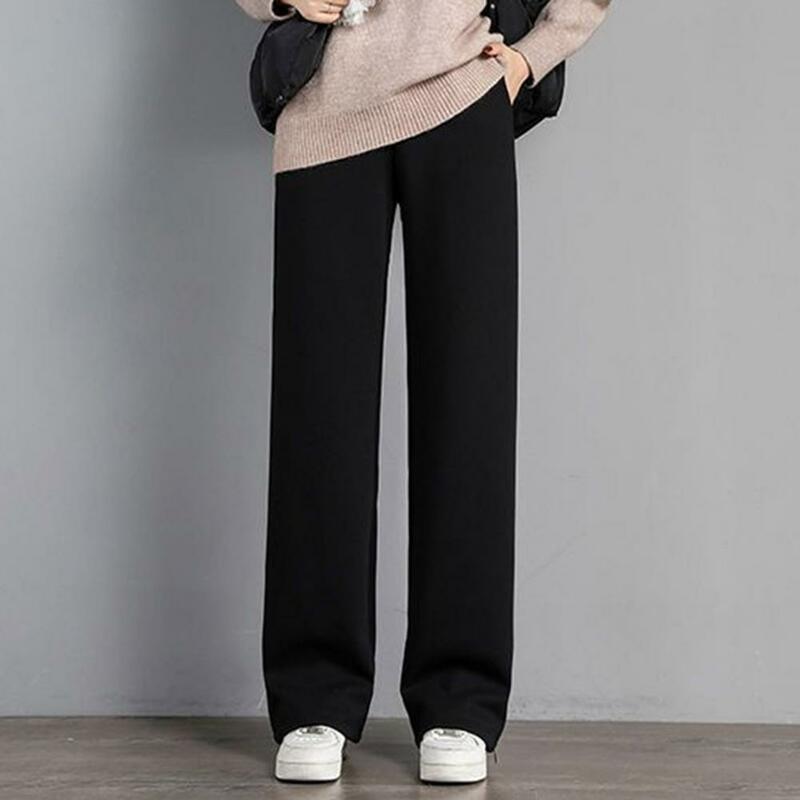 Pantalones informales de Color liso para mujer, Pantalón forrado de lana, cintura alta elástica, pierna ancha, para un aspecto cómodo y elegante, suelto, Invierno