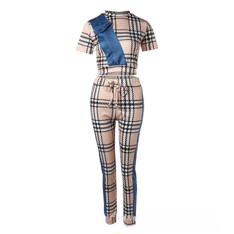 Women's Fashion Plaid Printed Patchwork Short Sleeve Top & Pants Set New Women Casual Clothing Two-piece Suit Outfits for Ladies