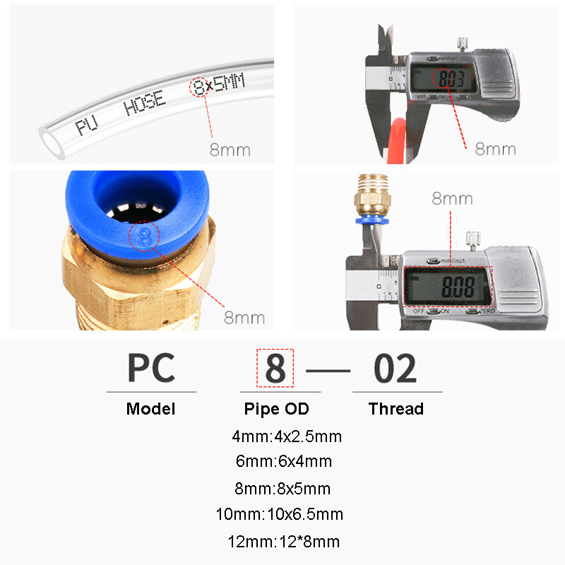 Conexão pneumática do conector do ar, Conexão de mangueira tubulação, Conectores rápidos, PCF, PL, PLF, PC, Rosca, 4mm, 6mm, 8mm, 1, 8, 1, 2, 2