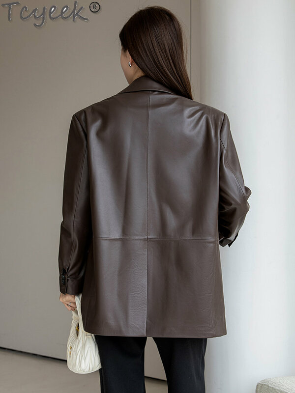 Tcyeek Elegant Genuine Leather Jacket Women's Mid-length Coat 2023 Spring Autumn New Sheepskin Loose Suit Coats дубленка женская