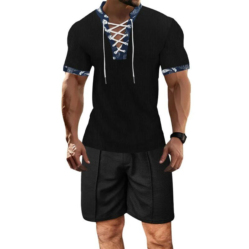 Traje de pana para hombre, camiseta de manga corta, pantalones cortos informales, traje deportivo para verano, 2024