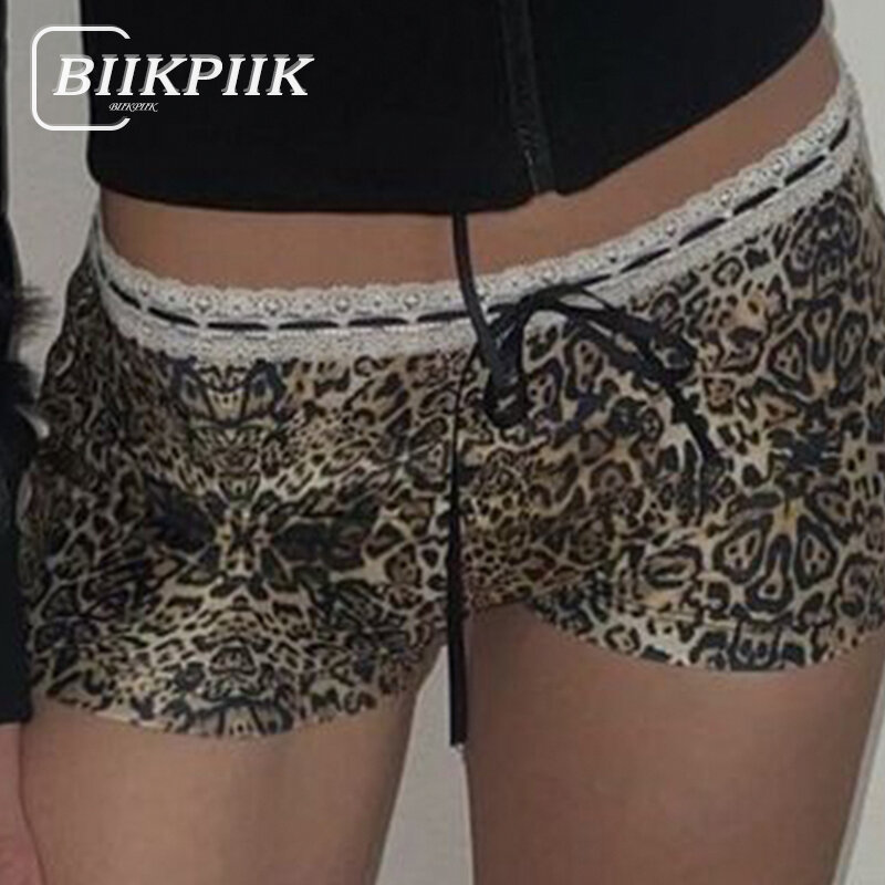 BIIKPIIK Sexy Lace Bow Leopard Printed Shorts For Women Outerwear Fashion Underpants Low Waist Bottom Clothing All-match Sporty