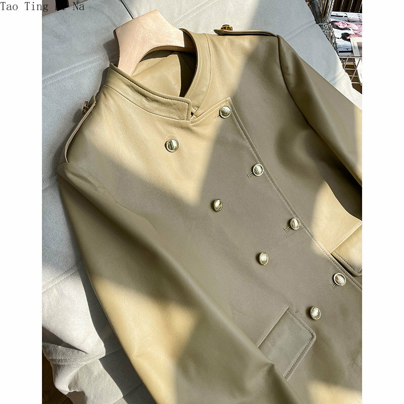 Chaqueta de piel de oveja auténtica para mujer, abrigo pequeño de piel de oveja auténtica con botón dorado, 2023