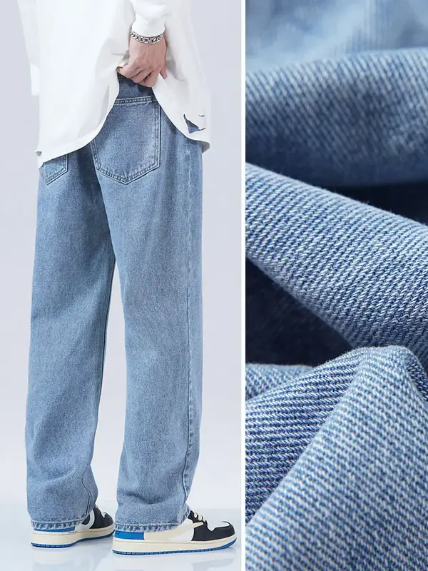 2024 nowe jesienne niebieskie dżinsy męskie koreańskie spodnie w stylu Vintage z dżinsową talią bawełniane długie spodnie z szerokimi nogawkami proste luźne spodnie dżinsowe