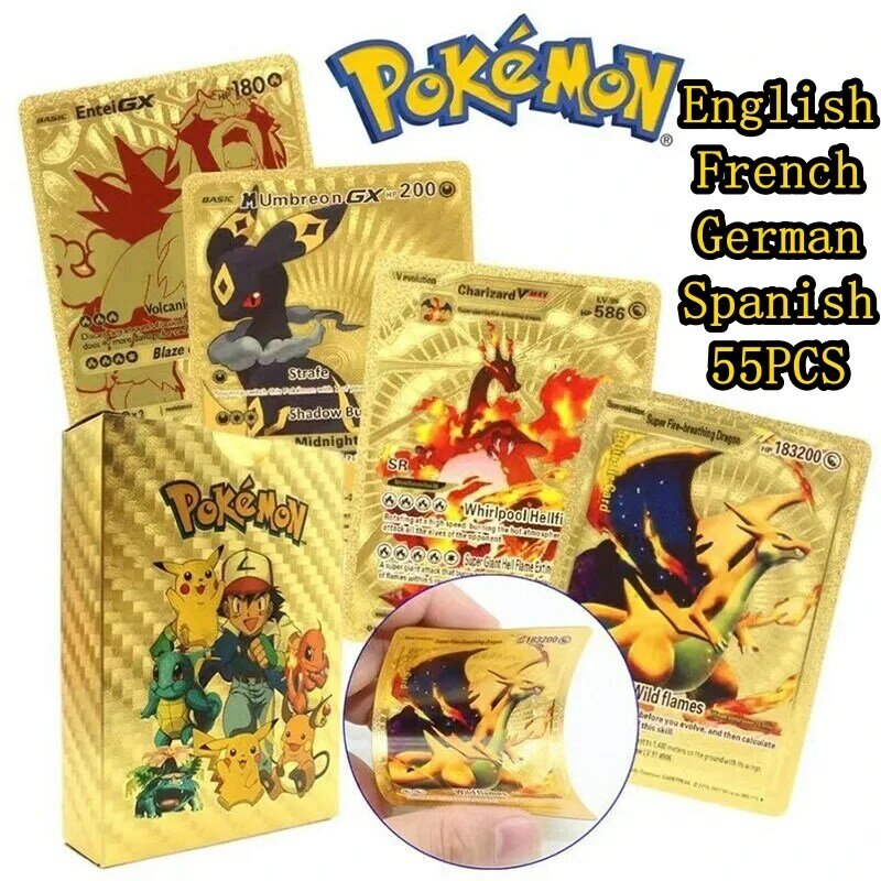 Pokemon Gold Foil Battle Card for Kids, Gold Foil Card, Preto, Prata, Inglês, Francês, alemão, Espanhol, Presente de Aniversário