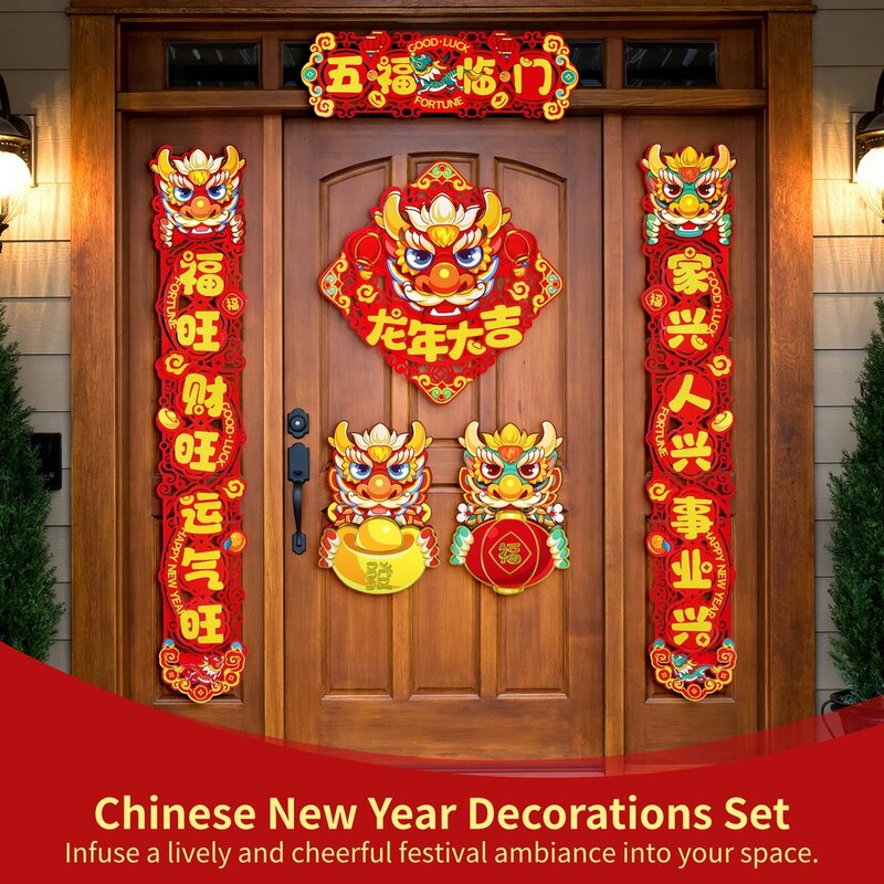 Chinese New Year Decor Set 2024 Spring Festival Couplets with Door Stickers Cartoon Window Decorations for Lunar New Year Zodiac
