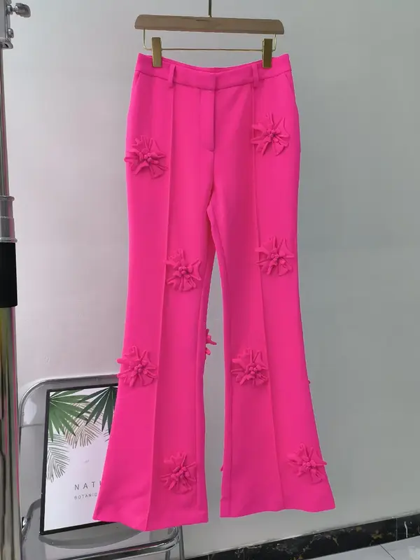 Calça feminina chique rosa de terno longo, patchwork de flores 3D, calça feminina casual, cintura alta, perna larga, calça formal, moda, 2023