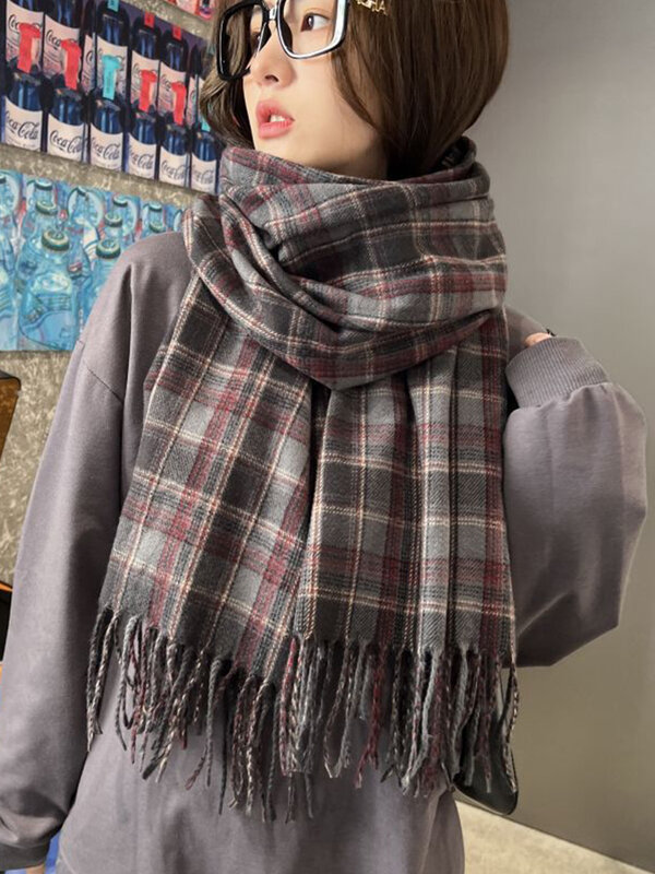 Cachecol de imitação de caxemira feminino, estilo preppy, lenço xadrez vintage, foulard de pashmina, envoltório de cobertor, xale, novo, inverno, 2023