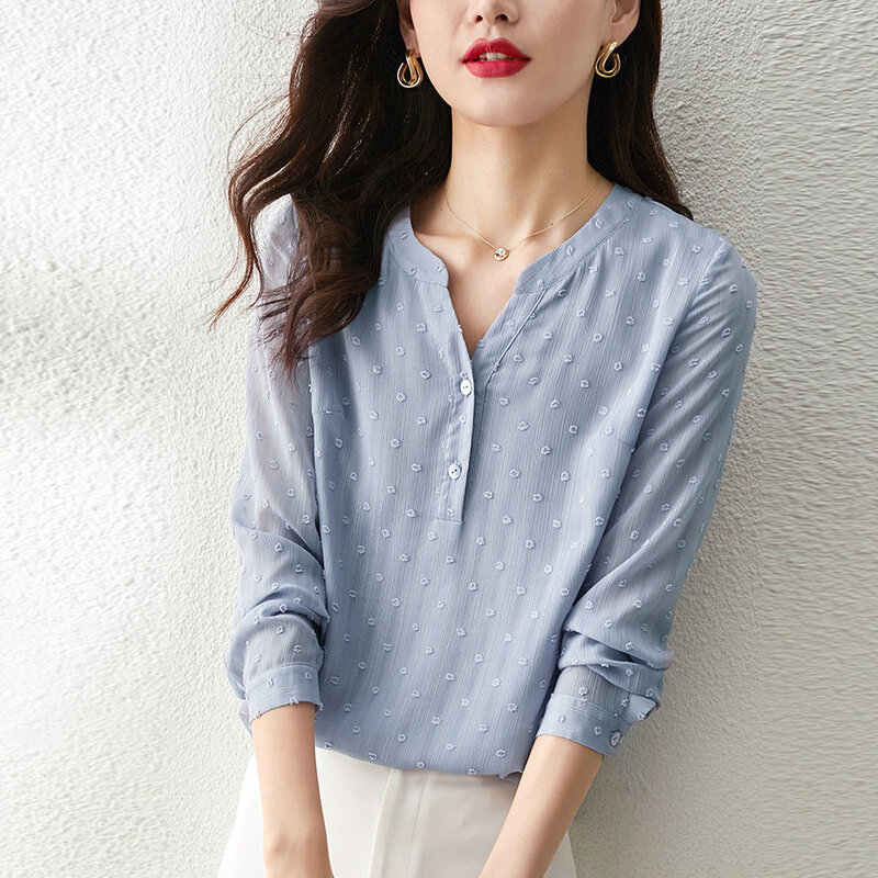 Women Spring Autumn Style Blouses Tops Lady Casual Long Sleeve V-Neck Solid Color Blusas Tops ZZ1376
