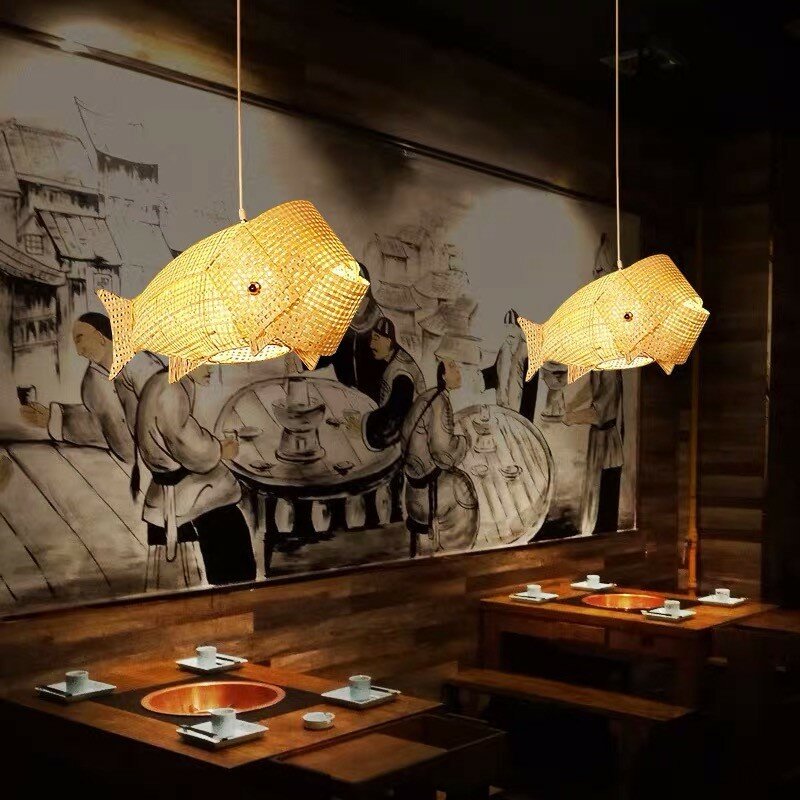 Lámpara de carpa de bambú y madera, adecuada para iluminación, restaurante, jardín, comedor, sala de estar, candelabro manual