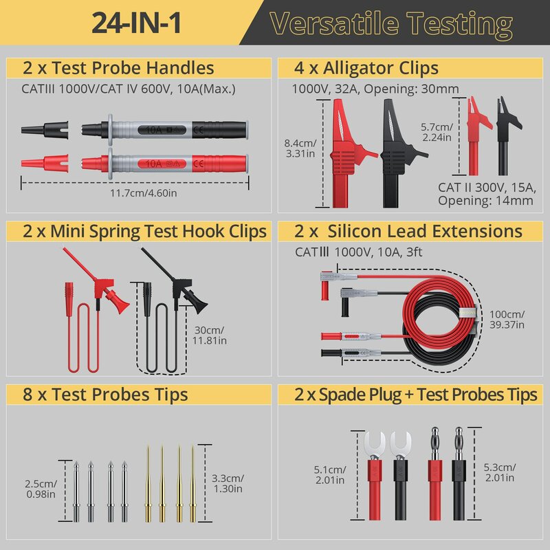 24 In 1 Multi Test Leads Kit Electrical Multimeter Test Lead With Alligator Clips Test Probe Spring Grabber Banana Plug