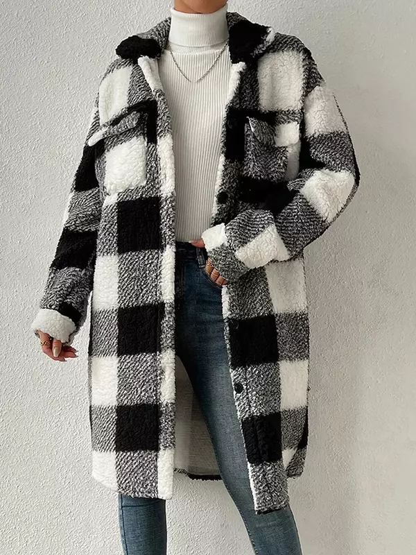 여성용 푹신한 플리스 셰르파 재킷, 체크무늬 긴팔 버튼, 턴다운 칼라 플러시 따뜻한 겉옷, 캐주얼 데일리 코트