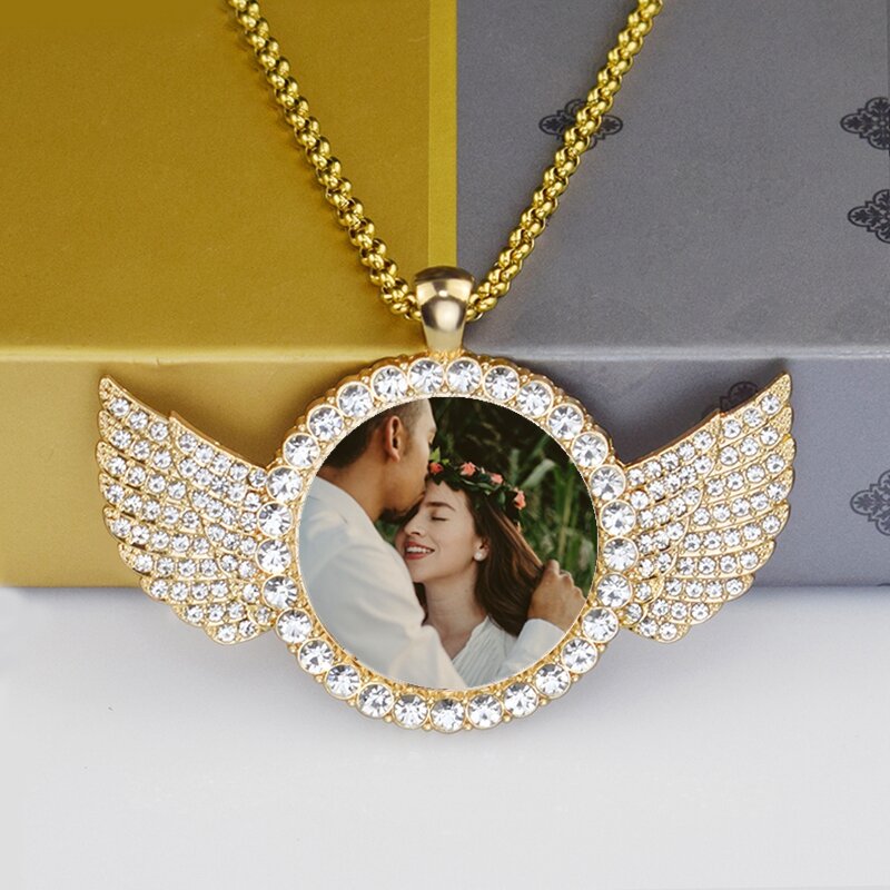Custom Couple Photo Angel Wings Pendant with Long Chain Rhinestone Necklace Personalized Glass Dome Image Valentine's Day Gift