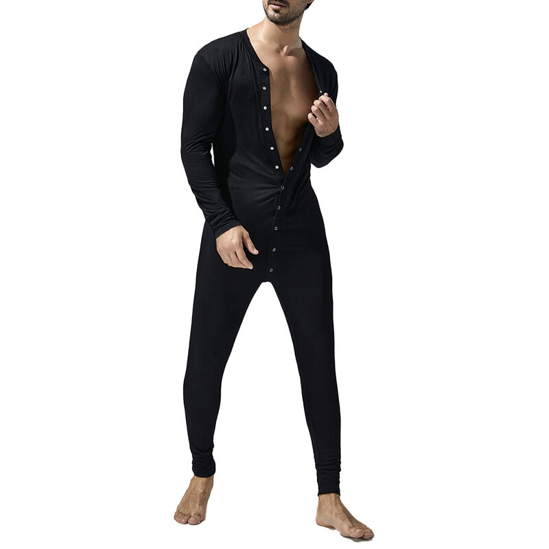 Jumpsuit pria, baju M-XXL piyama kancing bawah lengan panjang baju tidur Bodycon kancing sebaris nyaman