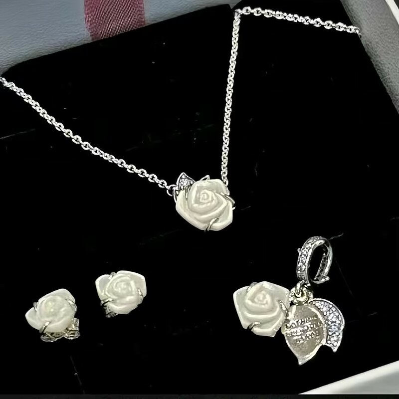 Kolekcja ze srebra próby 925, biała róża w kwiatach Pasuje do oryginalnego naszyjnika Pandora Charm Pierścionek Kolczyki sztyfty dla kobiet Biżuteria Prezent