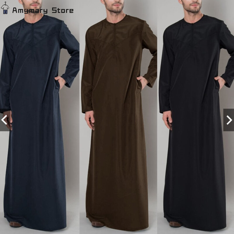 Muslim Robe Men Loose Jubba Thobe Saudi Arab Thobe Kaftan Robes Islam Prayer Clothing with Zipper Robe Casual Clothes