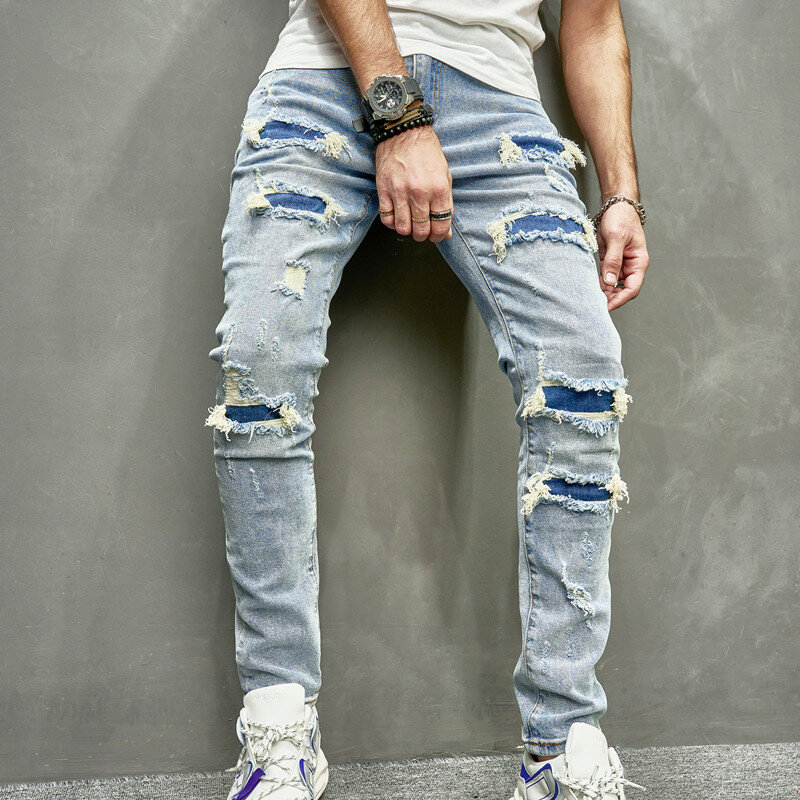 2023 Fashion Men Holes Casual Skinny Jeans Pants Streetwear Male Stylish Ripped Solid Hip Hop Slim Denim Trousers