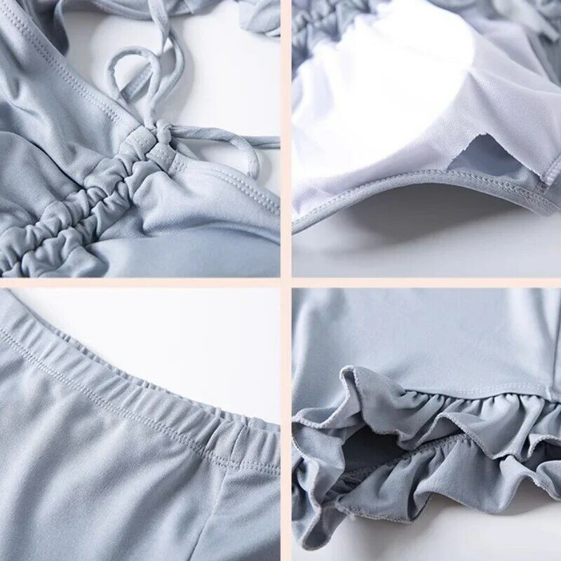 Conjunto de Bikini de 3 piezas para mujer, ropa de playa Sexy con protección solar y volantes, traje de baño de moda Kpop, 2023