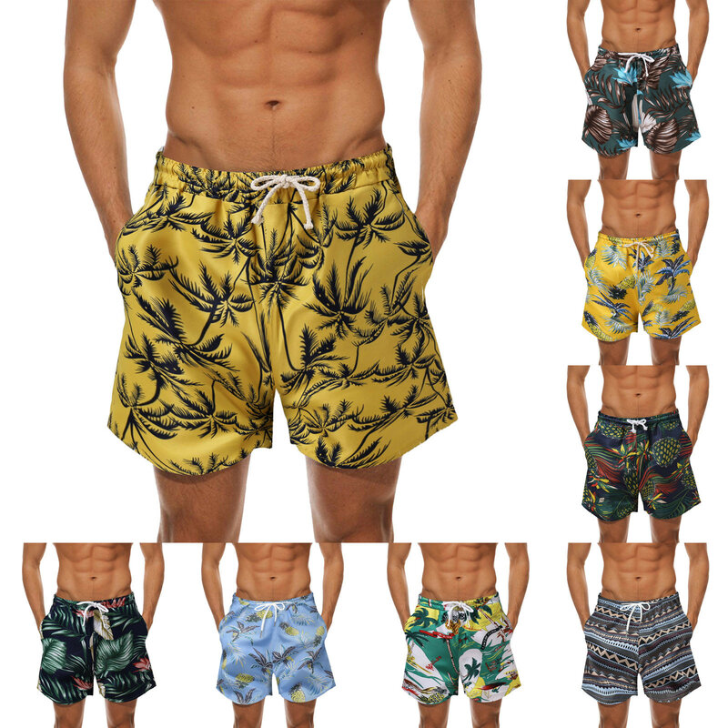 Fatos de banho masculinos com forro de malha, calça de praia curta 3D, shorts de natação masculinos, shorts de gelo de secagem rápida, 2024