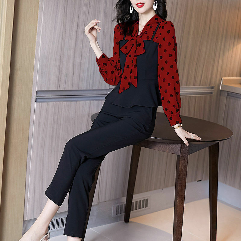 2023 Women's Spring Autumn New Two Piece Sets Female Fashion V-neck Bow Chiffon Shirt + Long Pants Ladies Casual Suits G377