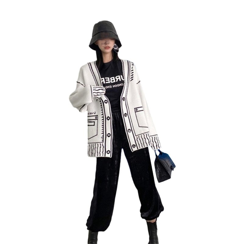 Cardigan lavorato a maglia abbottonato con scollo a V a maniche lunghe Donna Y2K Harajuku Stampa Cappotto maglione