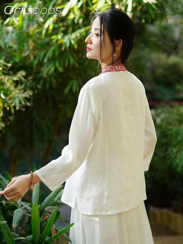 OriGoods kemeja bordir gaya nasional musim panas Linen 100% kemeja blus etnik gaya Tiongkok Wanita Atasan Linen baru Q073 2024