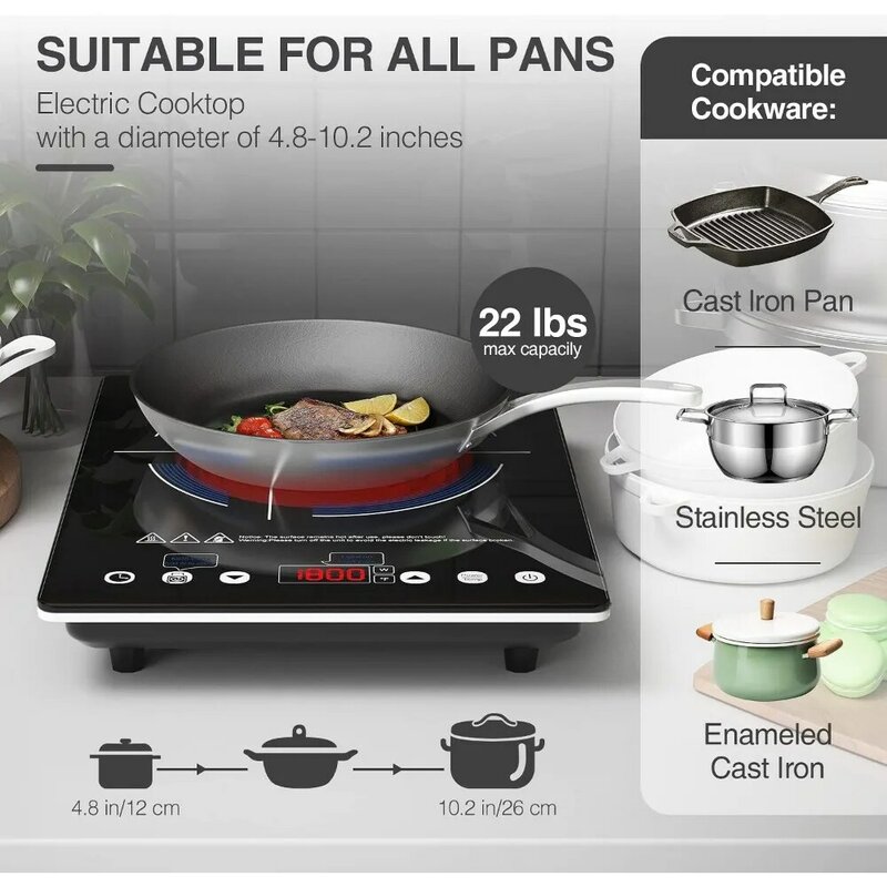 Placa de cocción infrarroja de 1800W, superficie de cristal negro, ajuste de 4 horas, Compatible con todos los utensilios de cocina