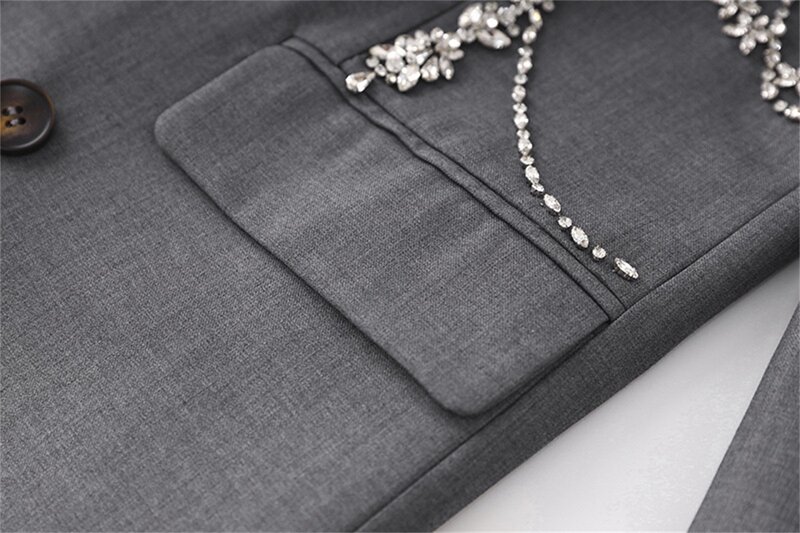 Crystals Women Suits 1 Piece Blazer Grey Jacket Formal Office Lady Business Work Wear Long Prom Dress Coat Fall Outfit