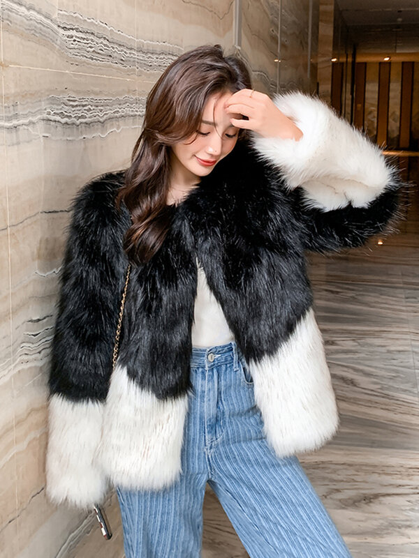 Zoki Elegant Women Faux Fox Fur Coat Winter Fashion Plush Thick Warm Jacket Casual Korean Patchwork Office Lady Casual Outwear