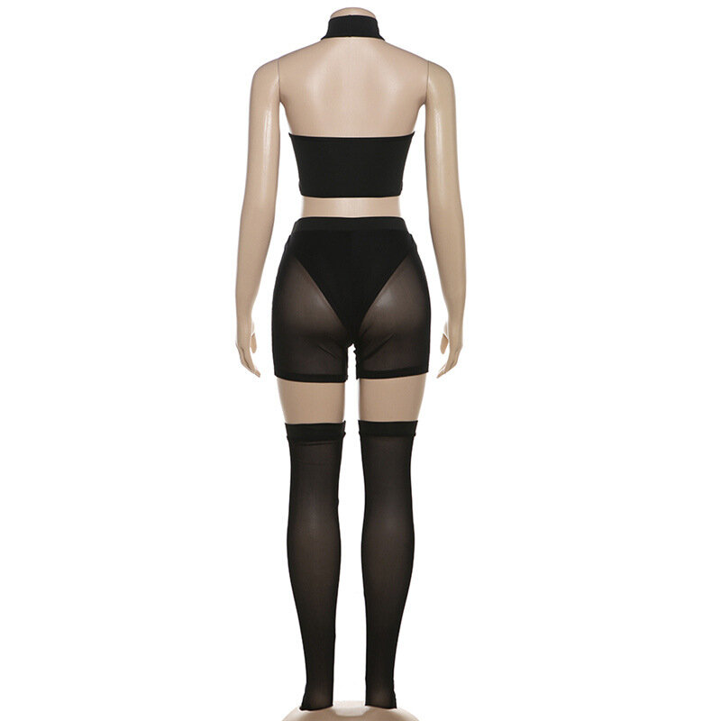 Vrouwen Sexy Doorschijnende Mesh 3-delige Set Uitgehold Halter Rugloze Tank Crop Tops + Shorts + Kousen Mode Feest Clubkleding Pakken