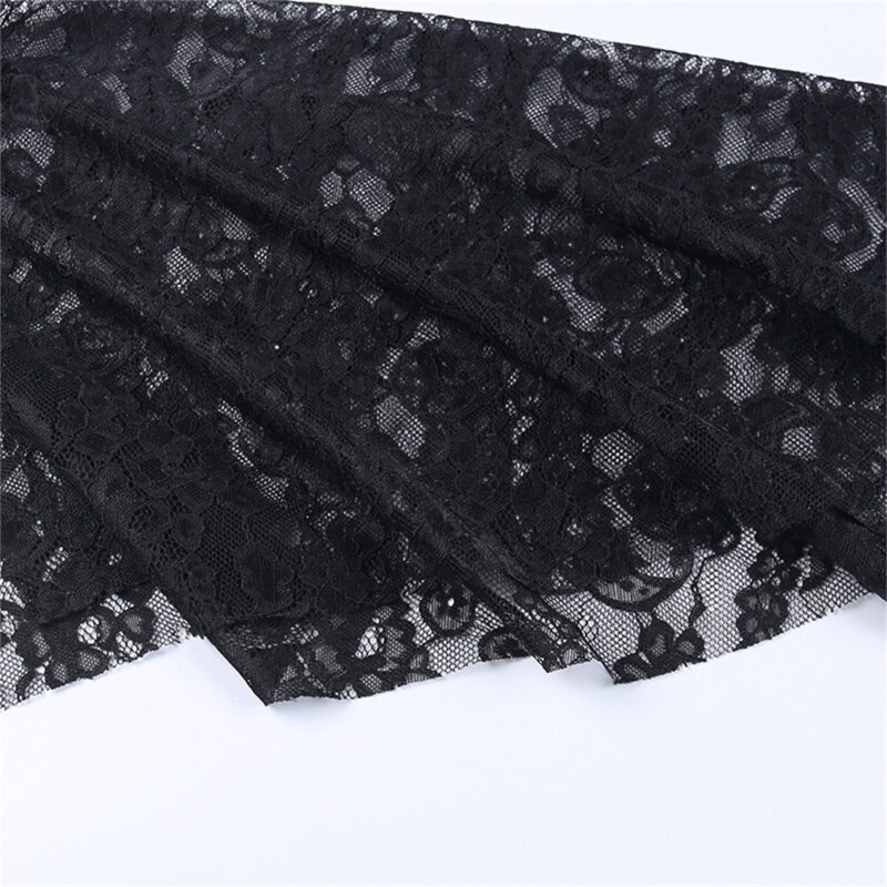 Damen-Tops mit ausgestellten Ärmeln, sexy, durchsichtiges, bauchfreies Top mit schwarzer Spitze
