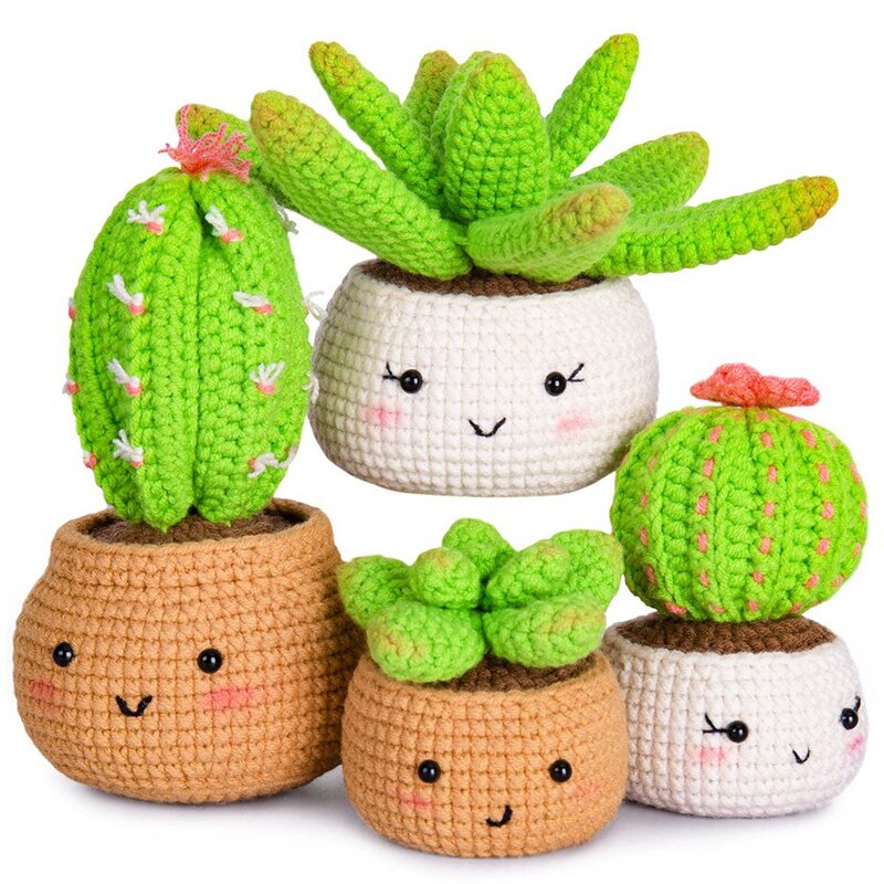 Kit de crochê iniciante para adultos e crianças, aprenda cacto acrílico, vaso ornamental