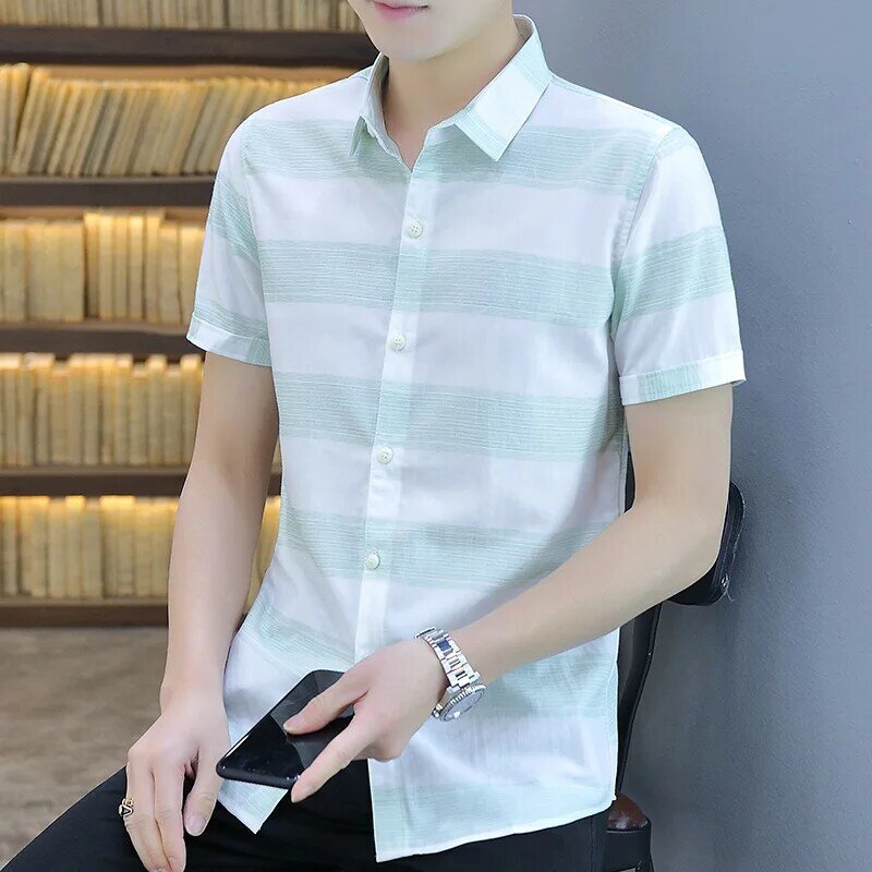 2023 Men's New Short-Sleeved Summer Trendy Handsome Shirt Youth Slim Plaid Shirt