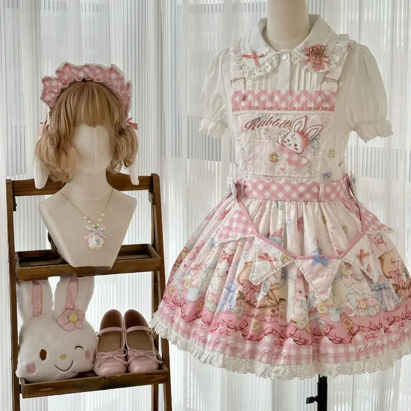 Vestido japonês Kawaii Lolita Style JSK para mulheres, Sweet Bunny Print, Party Mini Princess Dresses, Harajuku Y2k mangas Strap Dresses