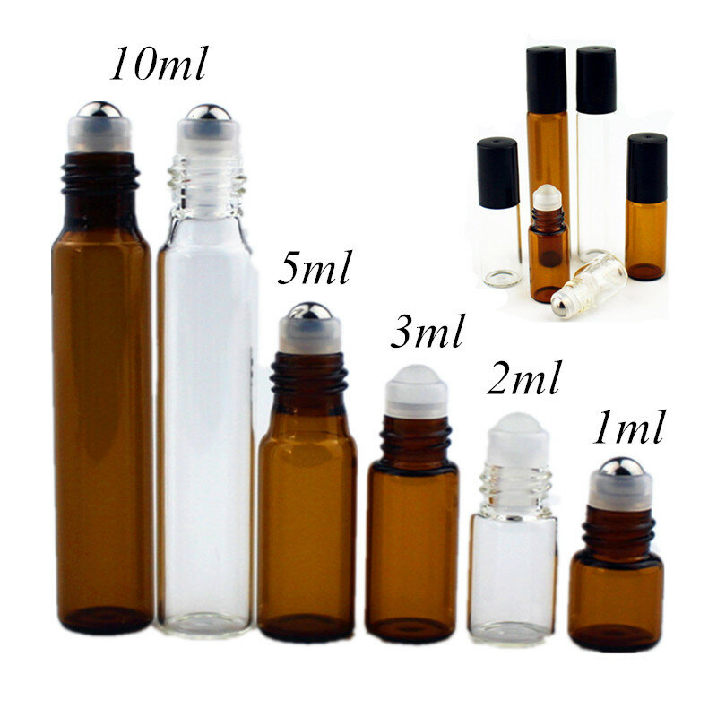 Botella de vidrio fino ámbar Roll on, prueba de muestra, viales de aceite esencial con bola de Metal/vidrio de rodillo, 1ml, 2ml, 3ml, 5ml, 10ml, 5 piezas por paquete