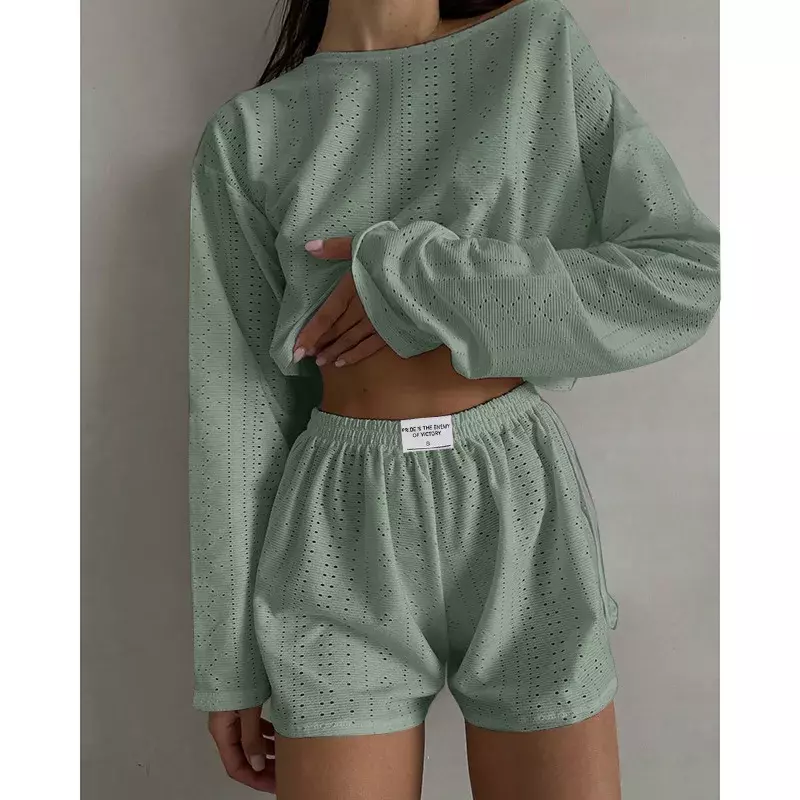 Two Piece Short Sets Women Summer Casual Solid Long Sleeve Crop Tops 2 Piece Set Shorts Fashion Loose Shirts Suit Outfits