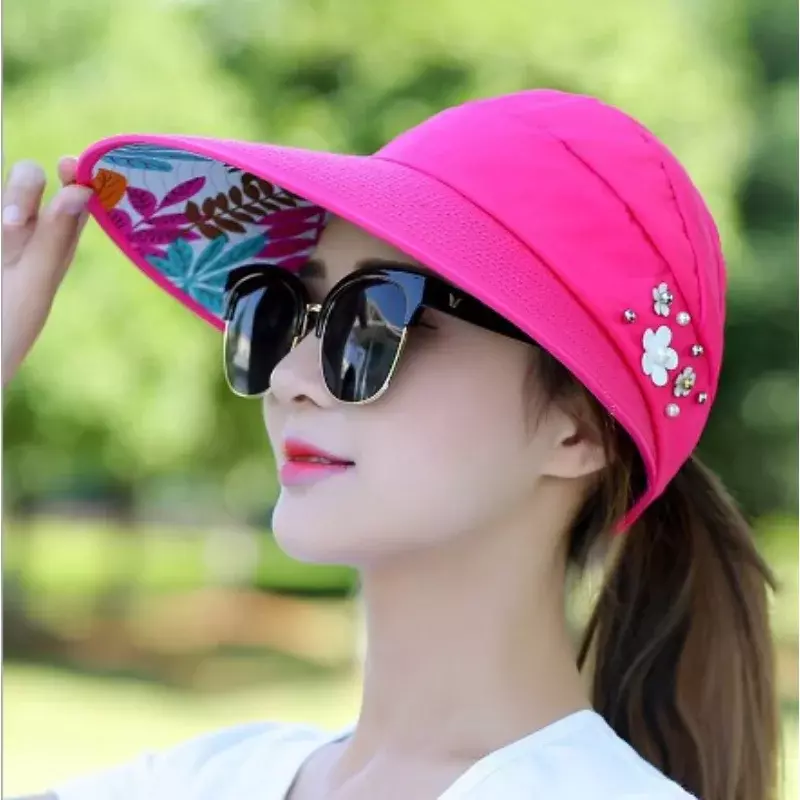 Sommer hüte für Frauen faltbare Sonnenhut Perle Blume Visier Sonnenschutz Floppy Cap weibliche Outdoor Casual Baseball Cap Hut für Frau