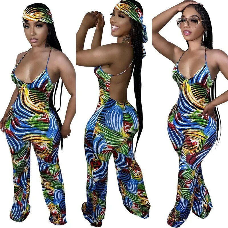 Colourful Striped Printing Jumpsuits Woman Spaghetti Strap Backless Open Back Wide Leg Jumpsuit One Piece Romper Summer Scarf