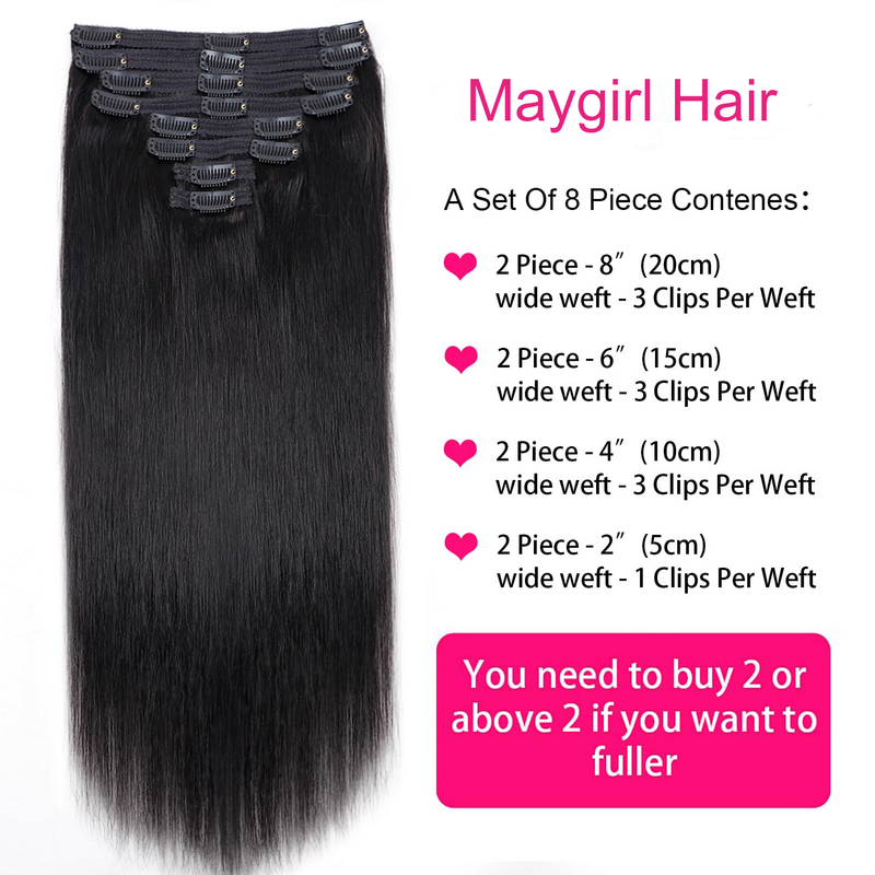 Clip in Hair Extensions Straight Per Set with 18 Clips 120G Double Weft Virgin 100% Human Hair Natural Black Color For Women