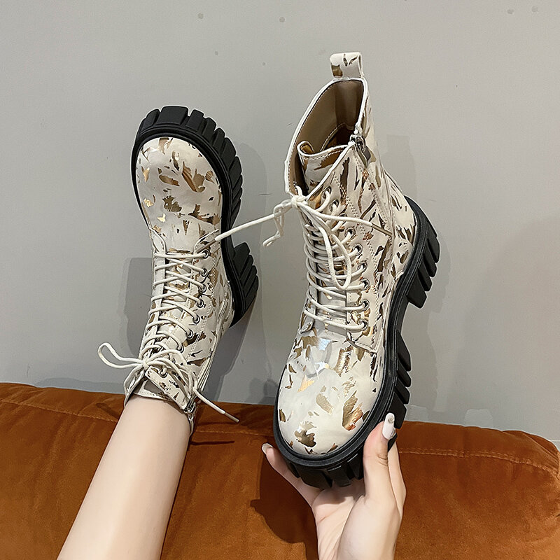 Designer Women Shoes 2023 Trendy Platform Women's Boots Chunky Heel Lace-up Motorcycle Boots Plus Size 42 Outdoor Hiking Boots