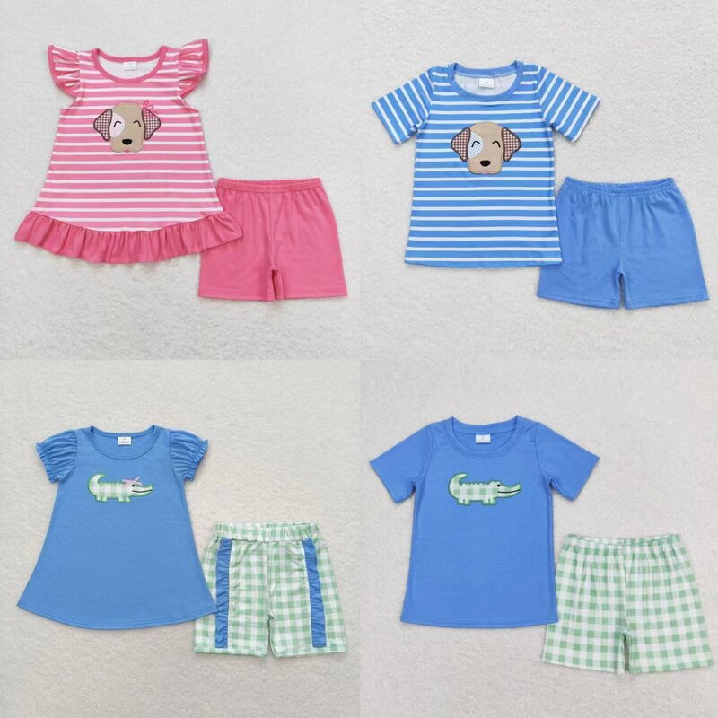 Wholesale Kids Short Sleeves Embroidery Shirt Shorts Baby Boy Girl Outfit Children Summer Dog Animals Two Pieces Toddler Set