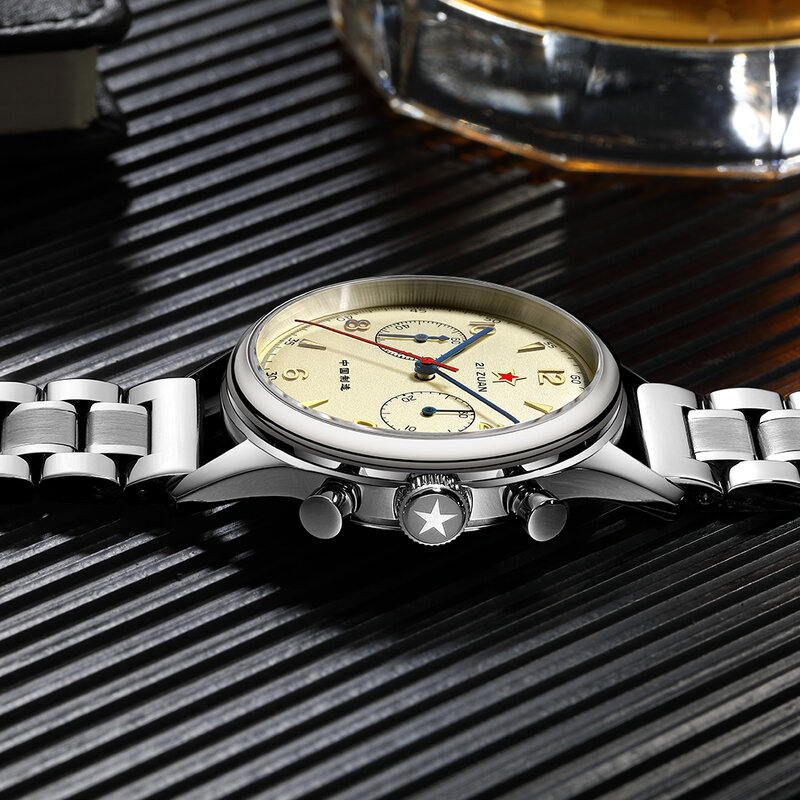 SEAKOSS-Men's aço inoxidável relógio cronógrafo mecânico, Gaivota ST1901 Movimento, Air Force Aviation, Sapphire Goose, 1963