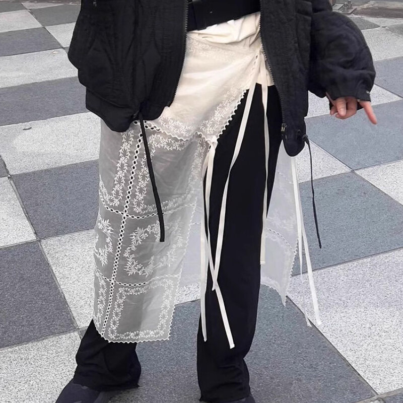 Deeptown koreanischen Stil Spitzen röcke weiß y2k 2000s Frauen Tüll Vintage Harajuku Mesh Overlay langen Rock Schnürung Retro Streetwear